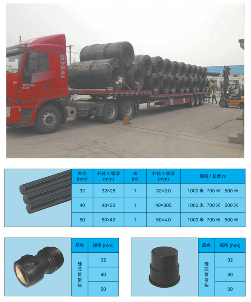 高密度聚乙烯(HDPE )硅芯管制作，系采用特種HDPE原料加硅料共擠復(fù)合而成，具備以下基本特性: 1.管道的強(qiáng)度，包括抗壓，抗張和抗沖擊能力，充分考慮到光(電)纜保護(hù)所需的安全系數(shù)，不再需要大管作外層保護(hù)。 2、硅管曲率半徑小，為其外徑的十倍。敷管時(shí)遇到彎曲處和上下管落差處可隨路而轉(zhuǎn)或隨坡而走，無須作任何特別處理，更不必設(shè)入井過渡。 3、其內(nèi)壁的硅芯層是固體的，永久的潤滑濟(jì)。 4、其內(nèi)壁的硅芯層被同步擠壓進(jìn)壁內(nèi)，均勻地分布于整個(gè)內(nèi)壁，硅芯層與高度密聚乙烯具有相同的物理和機(jī)械特性:不會剝落，脫離。 5、其內(nèi)壁硅芯層的摩擦特性保持不變，纜線在管道內(nèi)反復(fù)抽取。 6、其內(nèi)璧的硅芯層不與水溶，污物進(jìn)管后可用水沖洗管道，可免遭嚙齒動(dòng)物破壞。7、抗老化，使用壽命長，埋入地下可達(dá)50年以上。 8、耐候性能好。 9、施工快捷，可大降低工程造價(jià)。